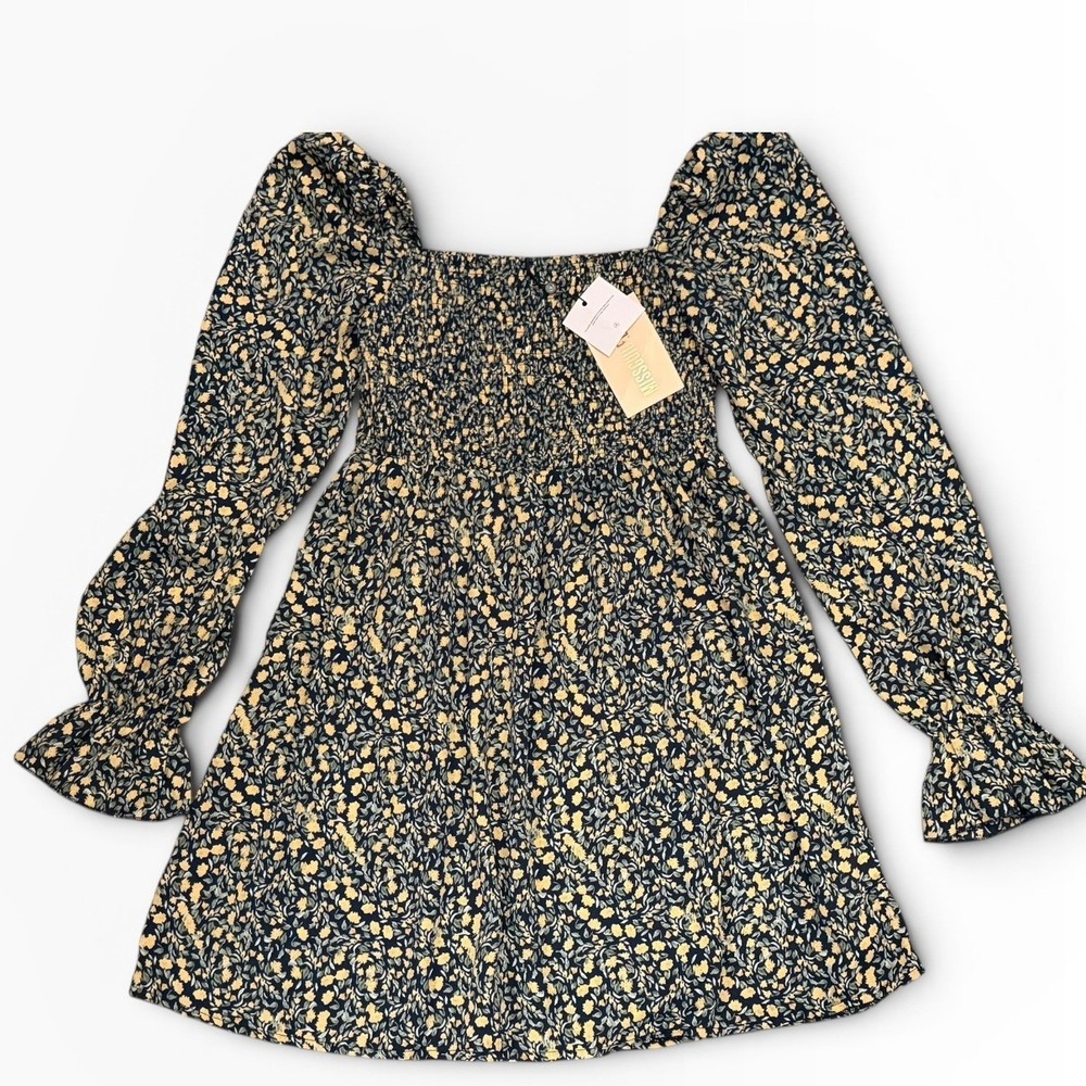 Missguided Milkmaid Shirred Bust Mini Floral Dress Yellow Navy SZ 2 Cottagecore